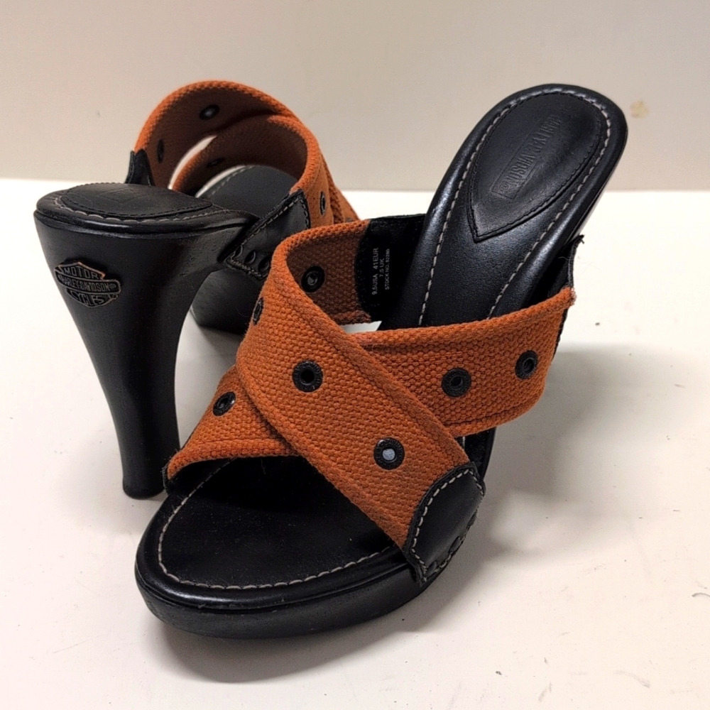 Harley Davidson, wood heels, made in Brazil, black/orange, size 9.5